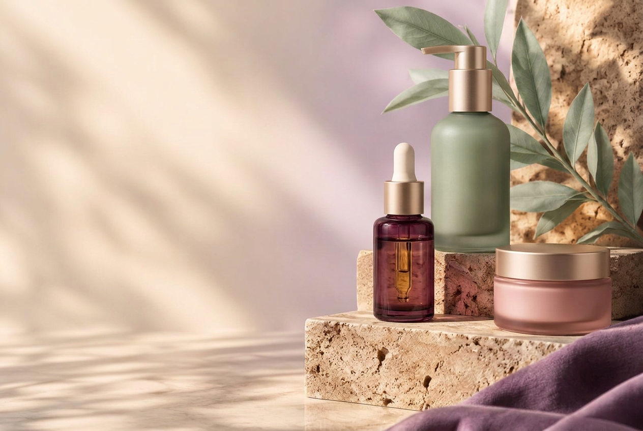 Three unbranded cosmetics: sage lotion pump bottle, plum serum dropper and rose cream jar with champagne-gold details